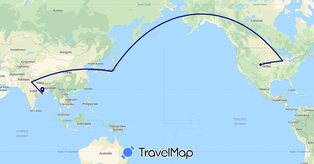 TravelMap itinerary: driving in India, Japan, United States (Asia, North America)